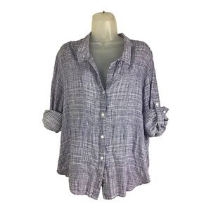 Cloth & Stone Women’s Large Blue & White Plaid Button Front Shirt Tab Sleeves